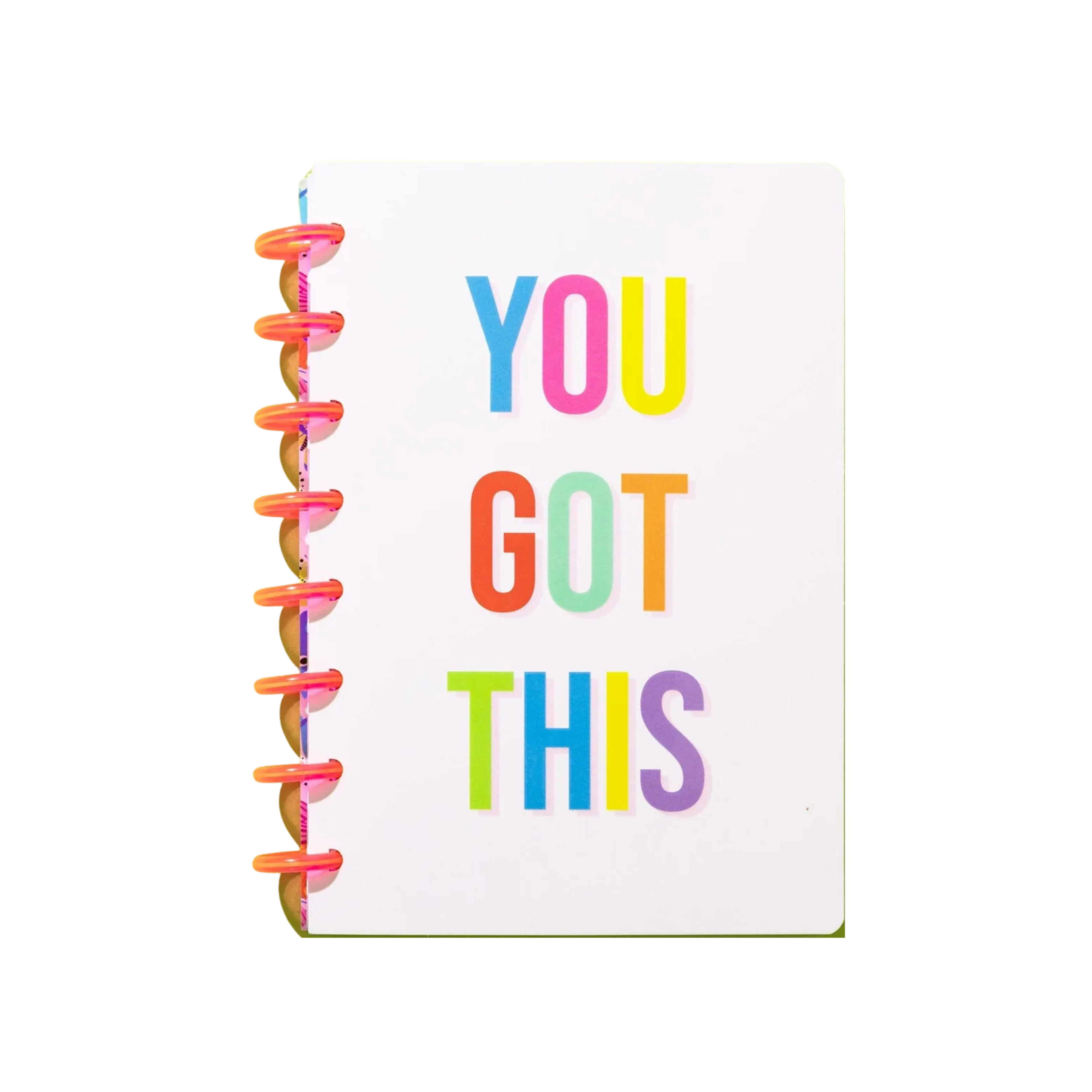 White motivational notebook with “You Got This” in rainbow letters and hot pink disc binding – Funky Confetti