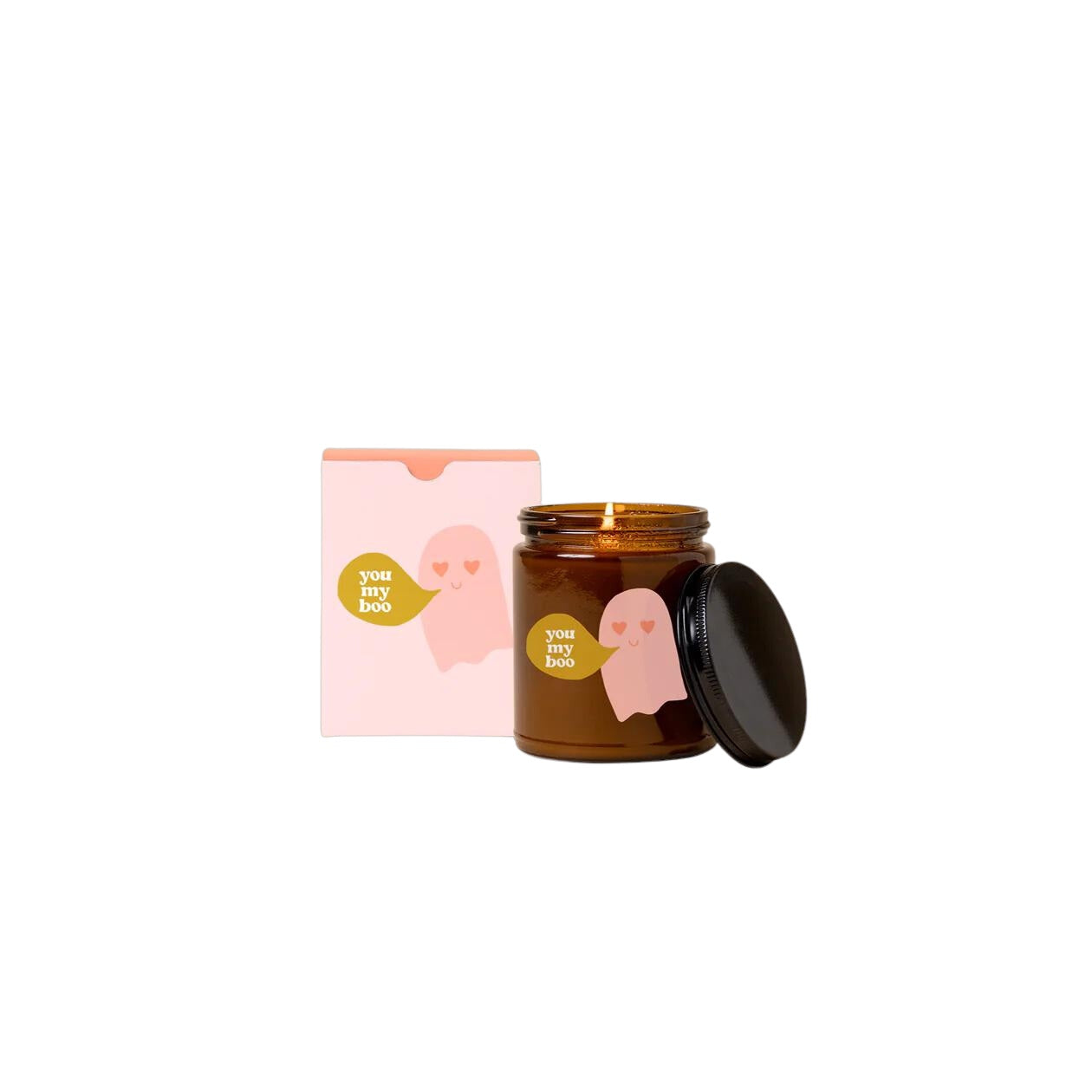 Amber glass “You My Boo” candle jar with black lid and matching pink ghost gift box; peach, fig, sea salt & amber scent.