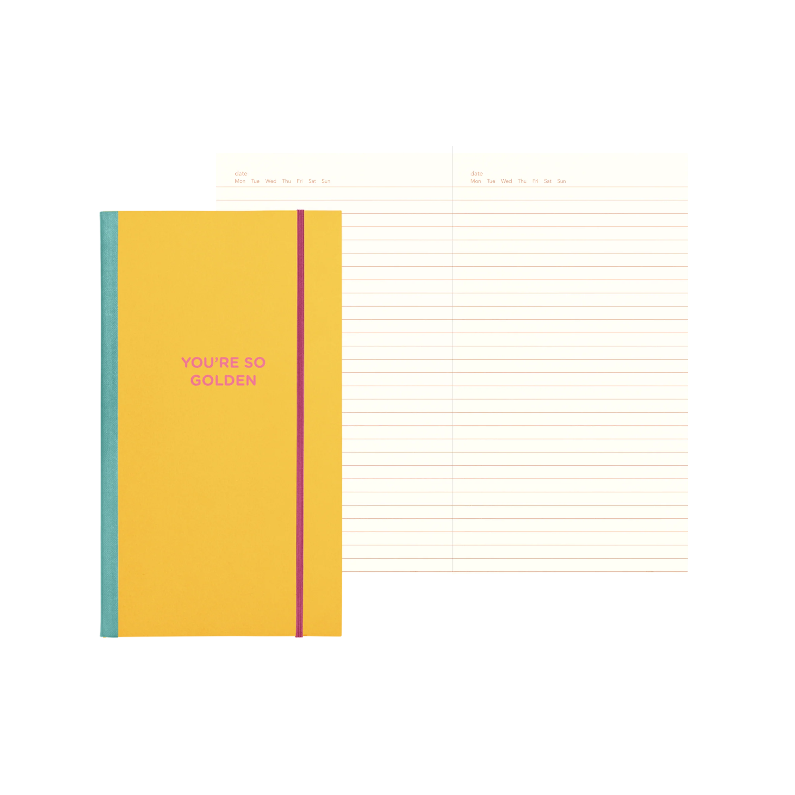 Yellow skinny notebook with pink “You’re So Golden” text and teal spine – Funky Confetti