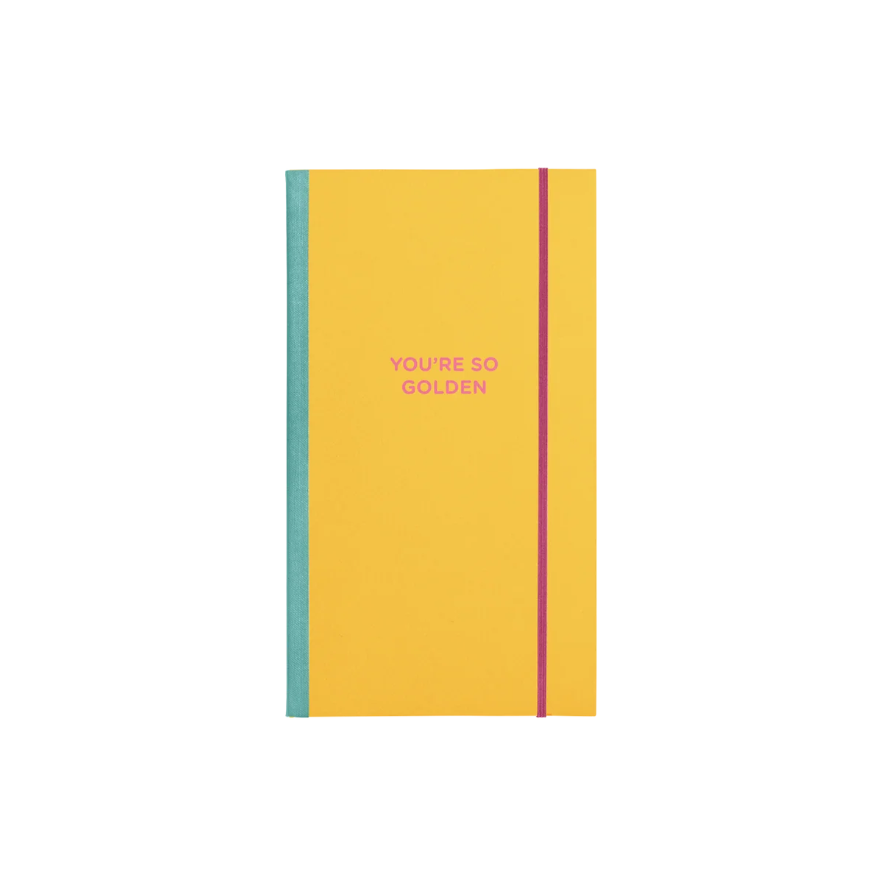 Yellow skinny notebook with pink “You’re So Golden” text and teal spine – Funky Confetti