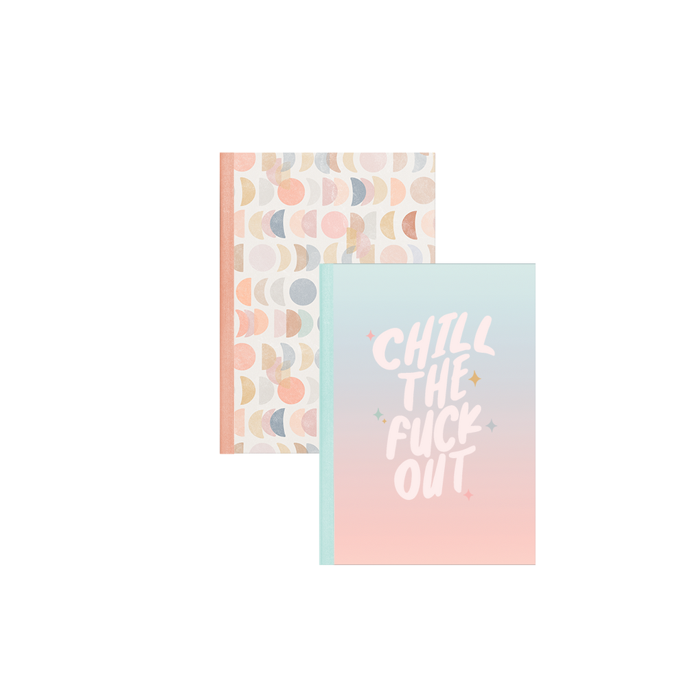 Set of two pastel notebooks: one with “Chill the F*ck Out” lettering on a blue-to-peach gradient, and one with a moon-phases pattern.