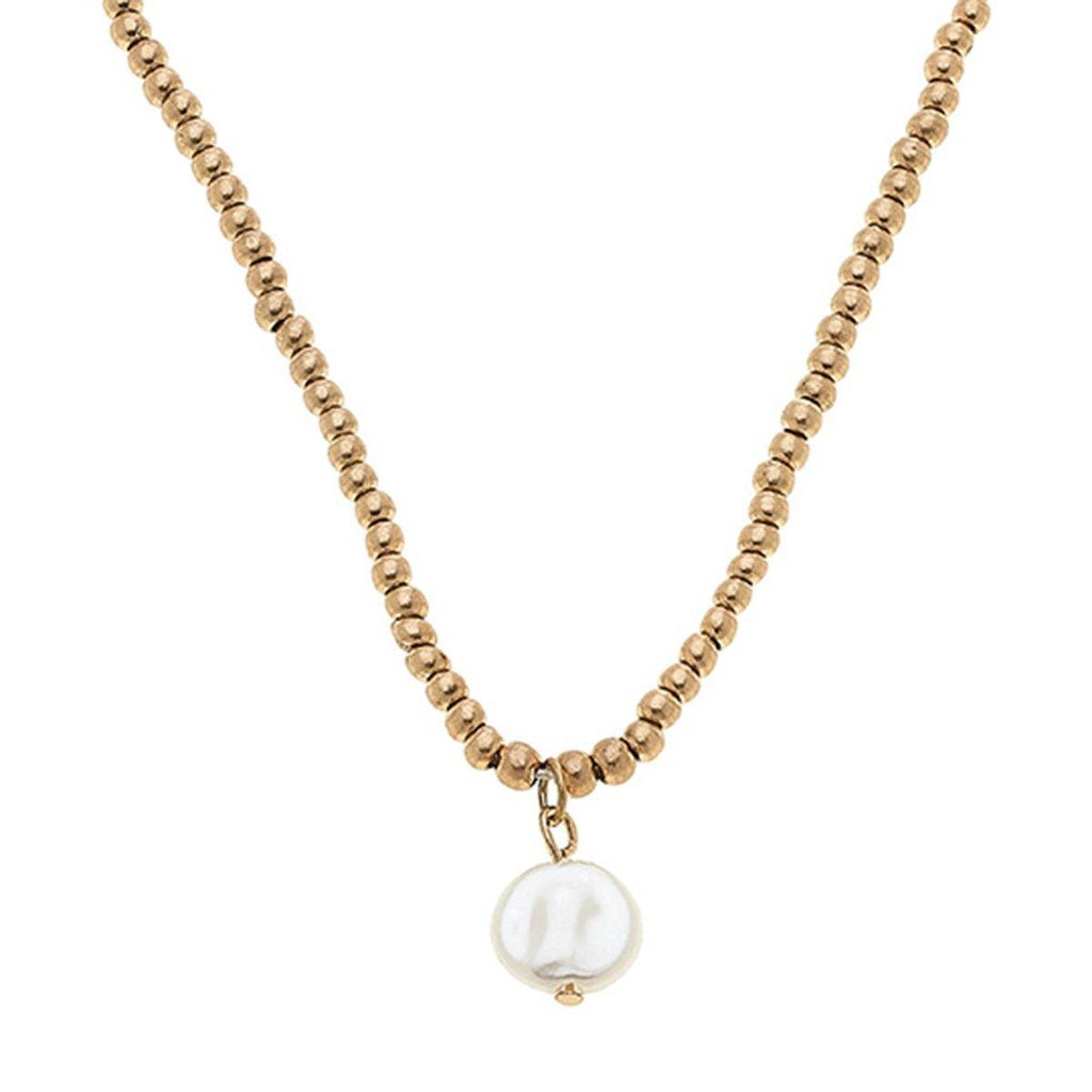 Coin Pearl Ball Bead Necklace in Worn Gold - 15" Adjustable