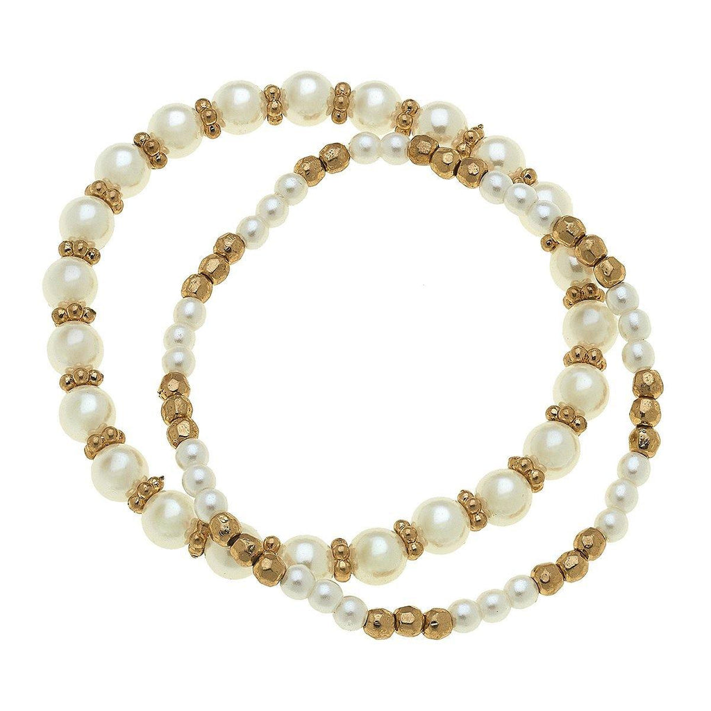 Eloise & Elizabeth Stretch Bracelets in Ivory Pearl - Set of 3 with acrylic faux pearls and worn gold-plated CC beads