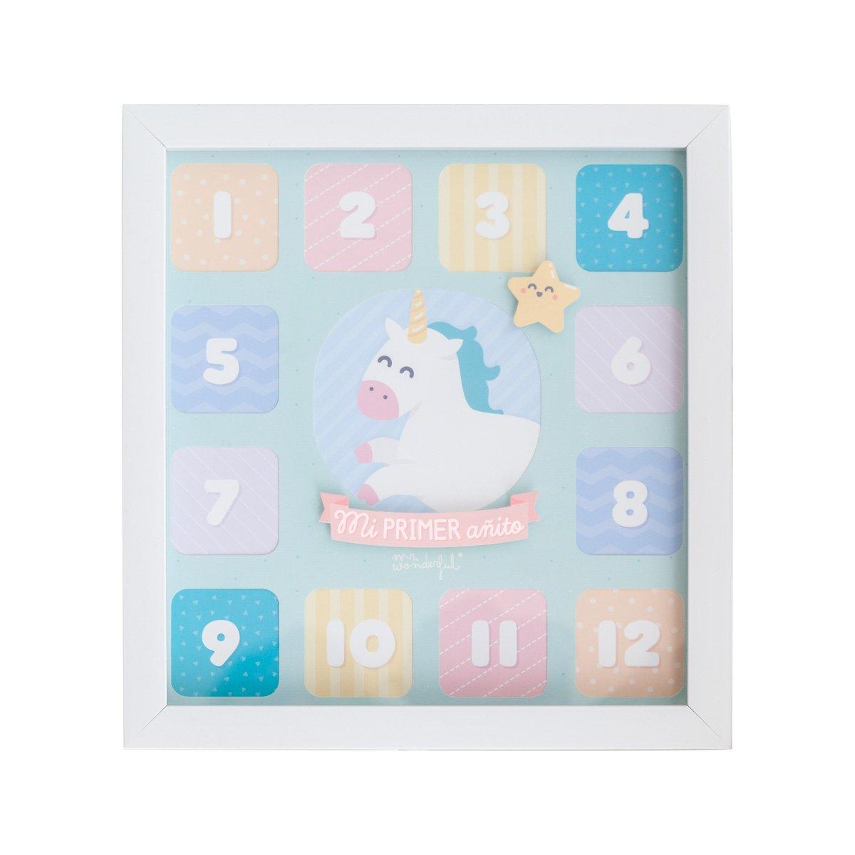 Wooden photo frame for baby's first year with 12 spaces for photos and a central message