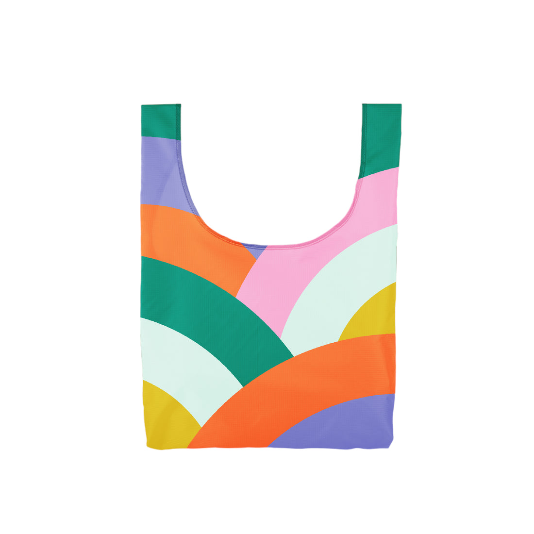Reusable ripstop nylon tote in the “New Horizon” multicolor pattern, shoulder-carry style, folds into its own internal pocket.