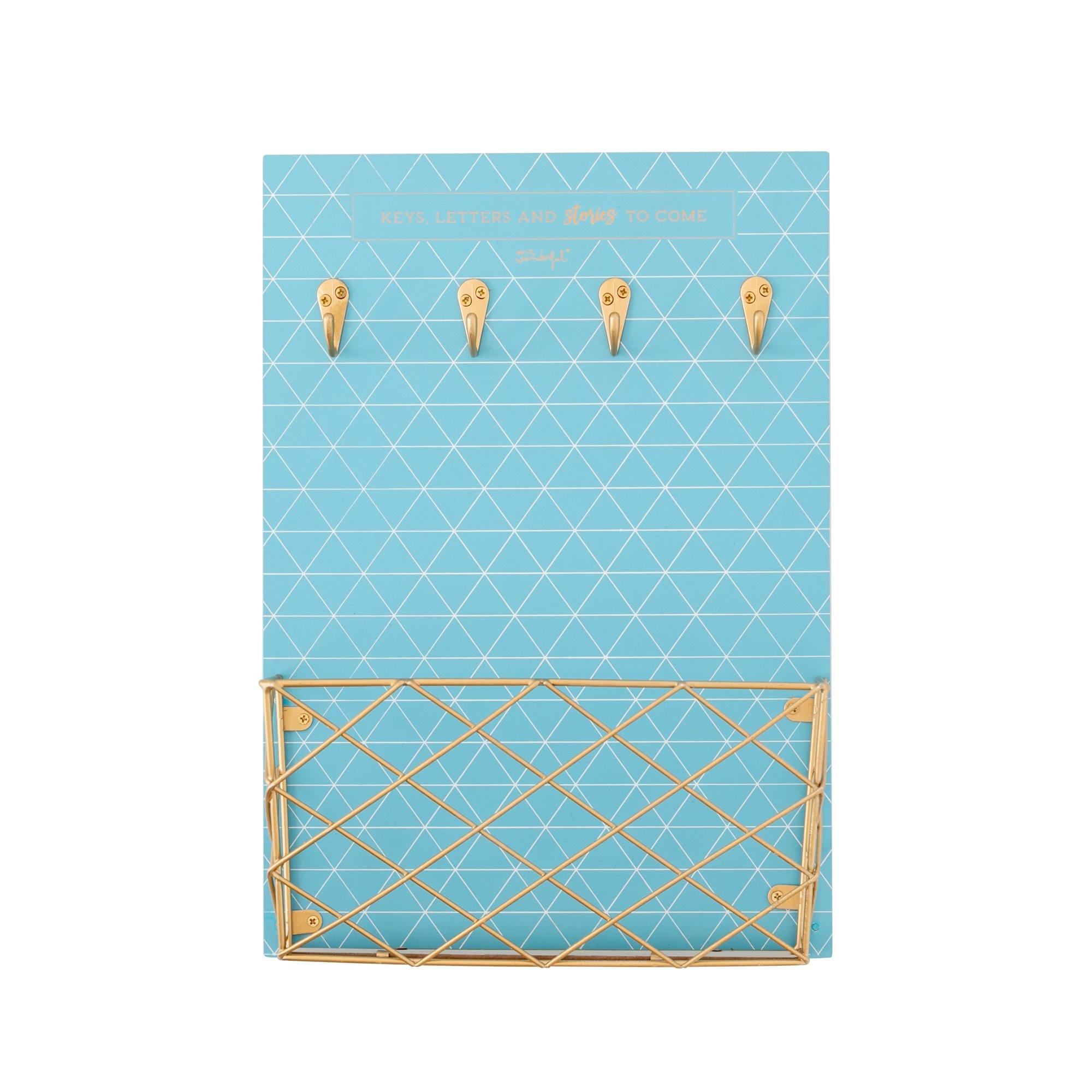 Wall Key Holder - Wooden Rack with Hooks and Metal Basket