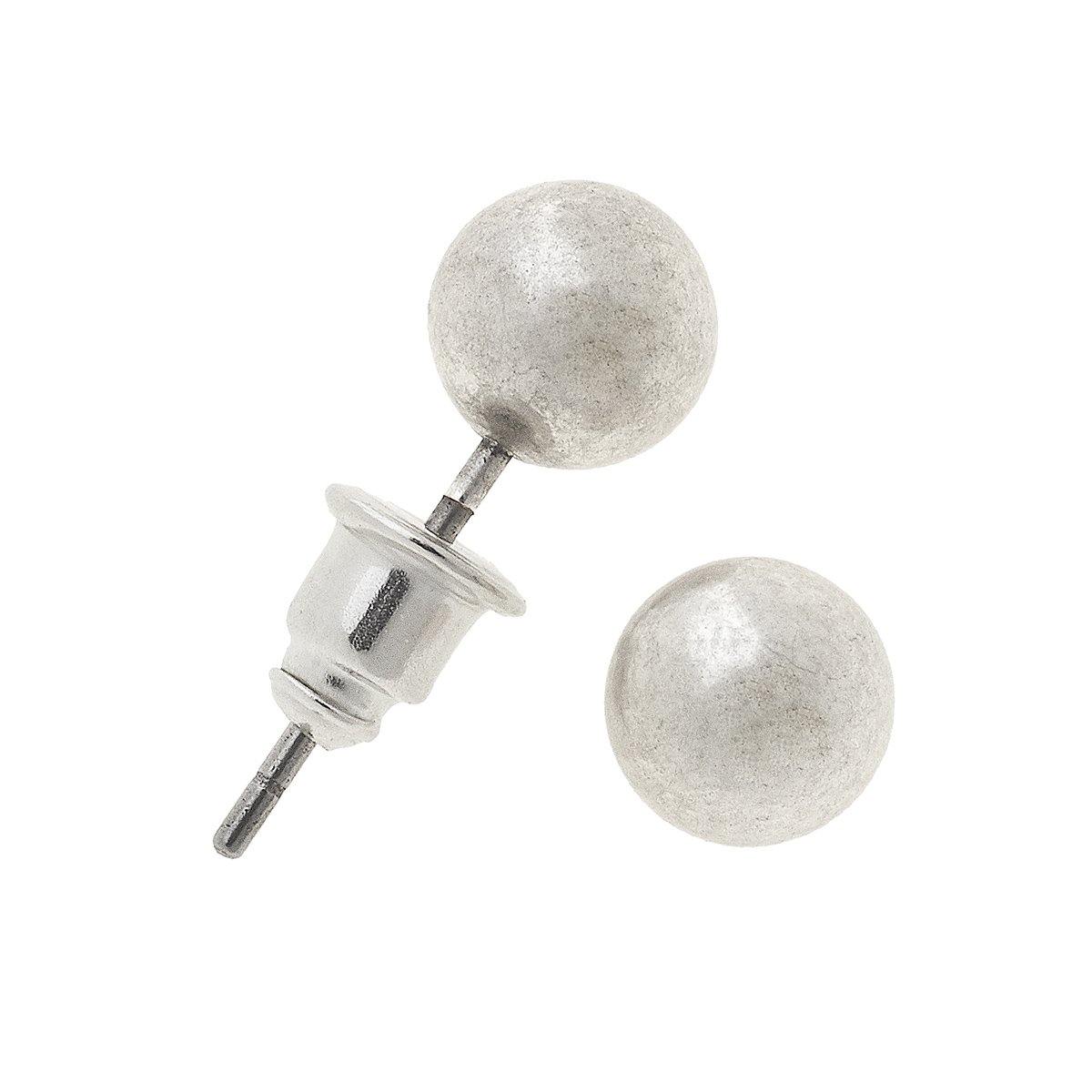 Worn silver 6MM sphere stud earrings minimalist design from Funky Confetti