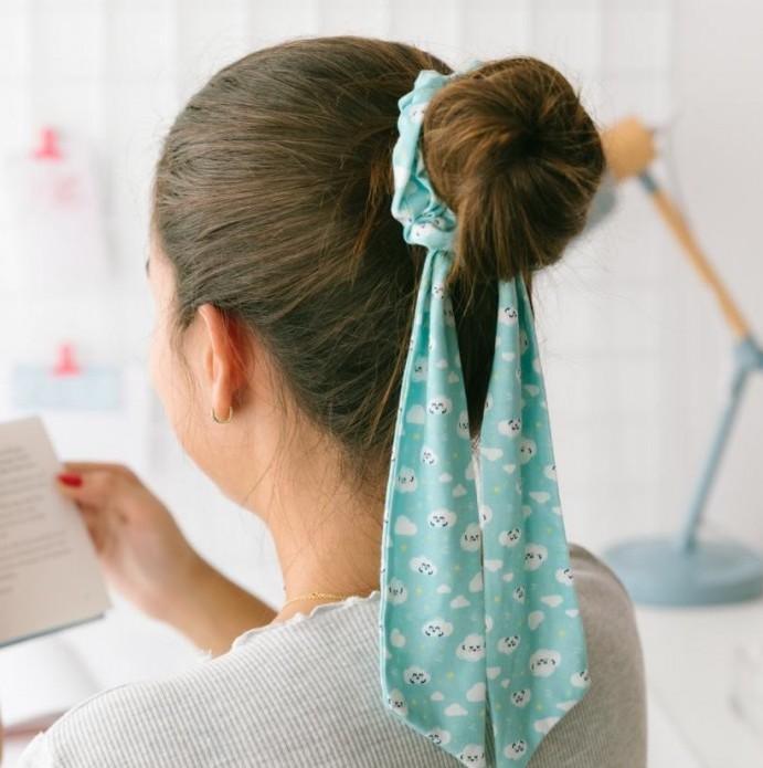Light blue scarf scrunchie with playful white cloud print – Funky Confetti