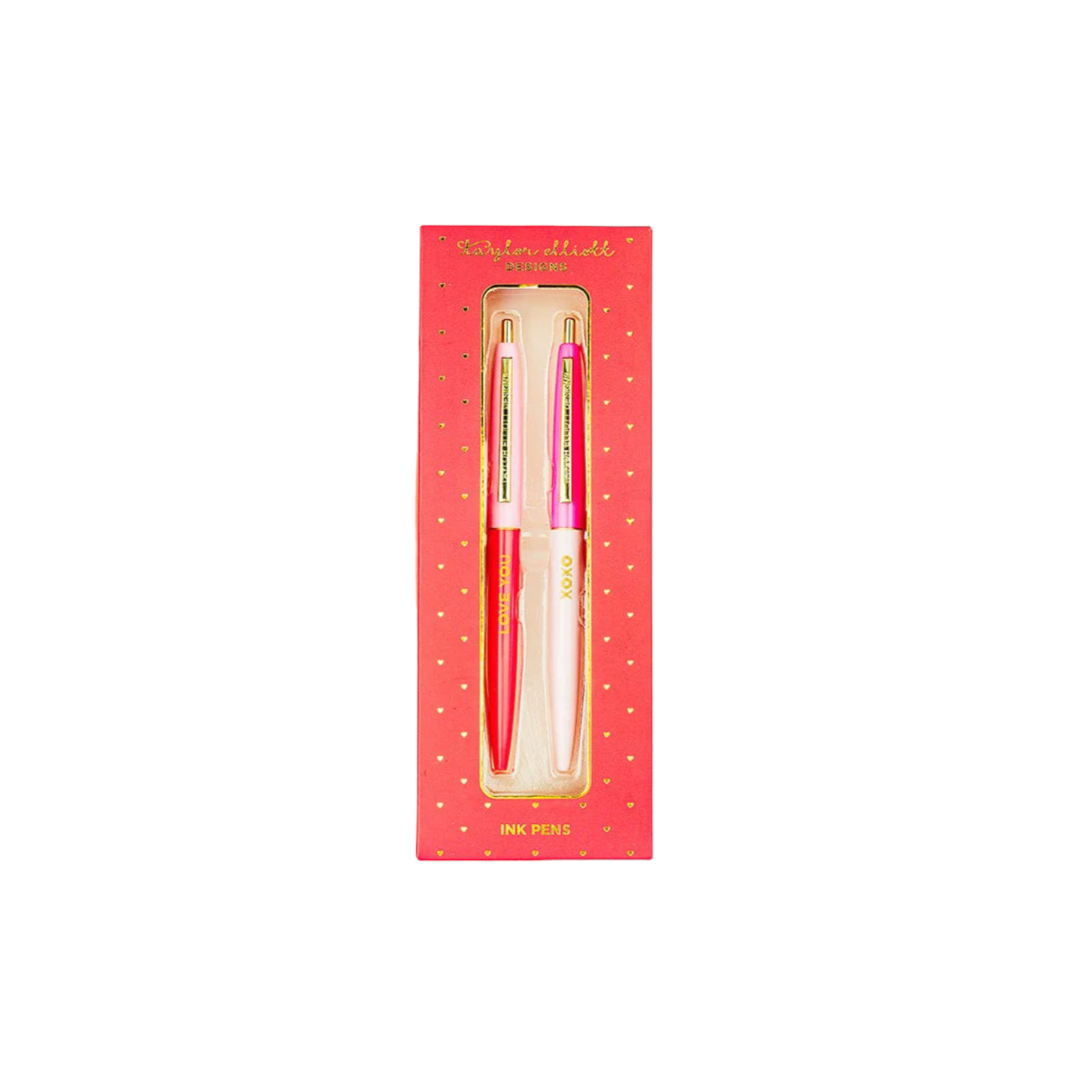 Two pens with “Love You” and “XOXO” in a red gift box with gold hearts—black and pink ink.