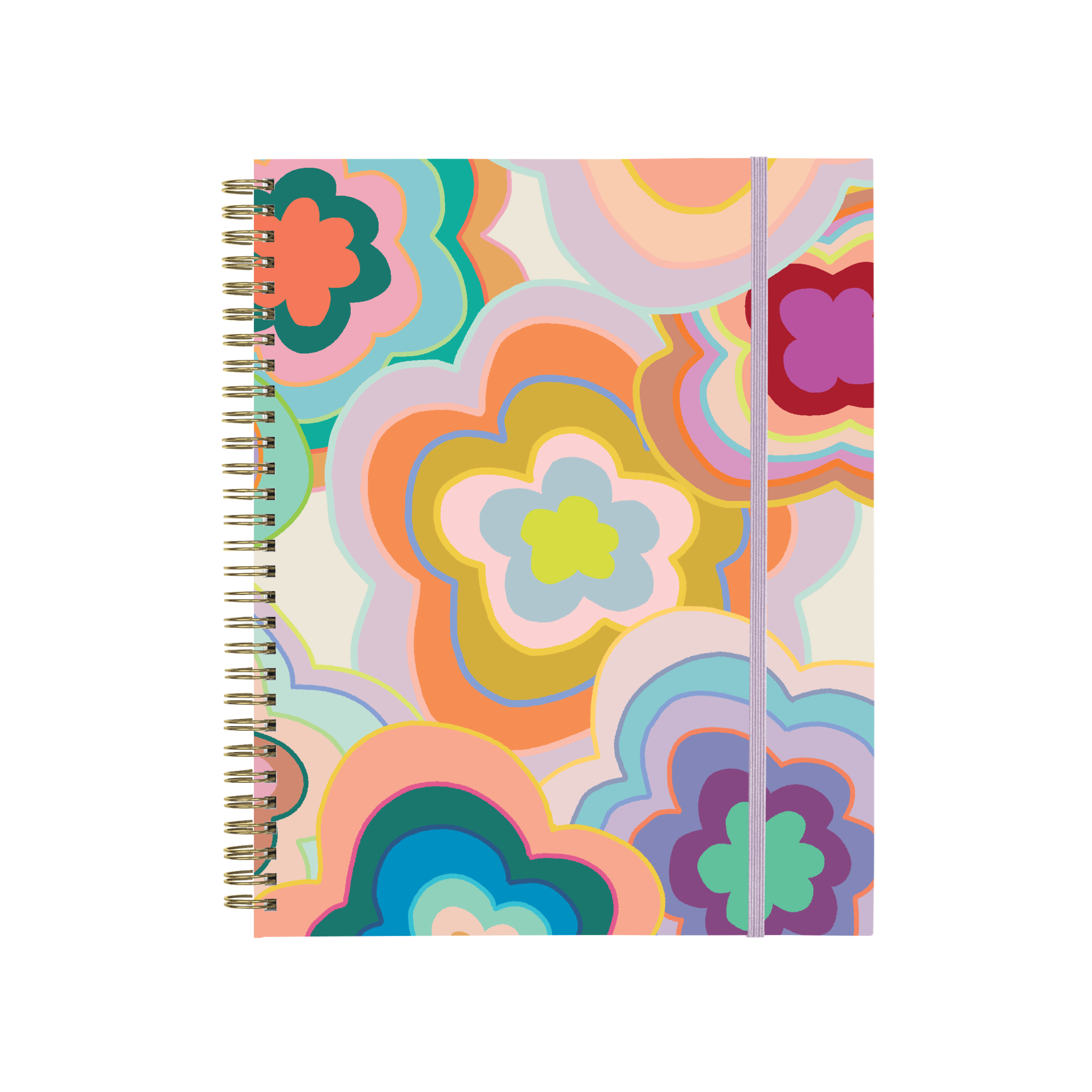 Large undated perpetual planner with colorful retro flower cover, gold coil binding, and lilac elastic band.